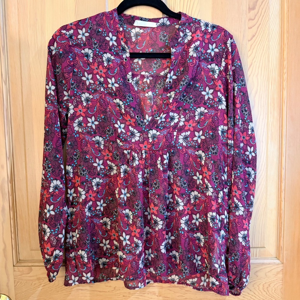 Hollister Peasant Blouse Small Burgundy Floral Sheer Grommet Boho Peasant Top